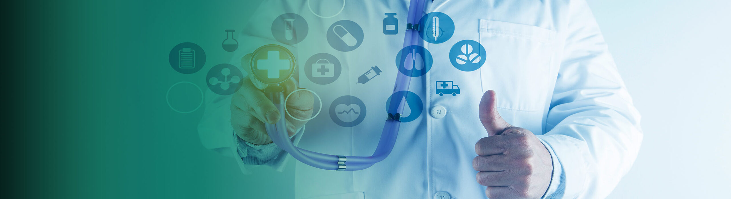 Doctor white coat with stethoscope with many medical icons