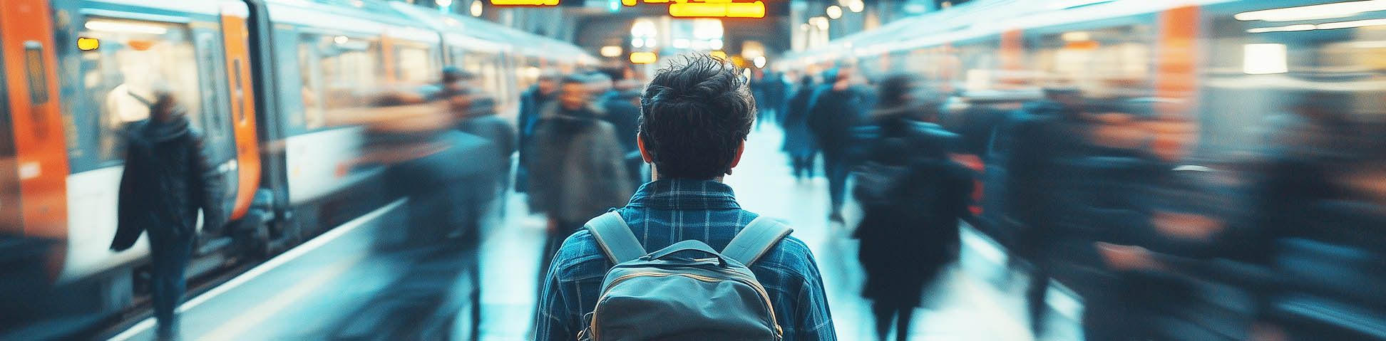 man standing still in the fast paced crowd at train station